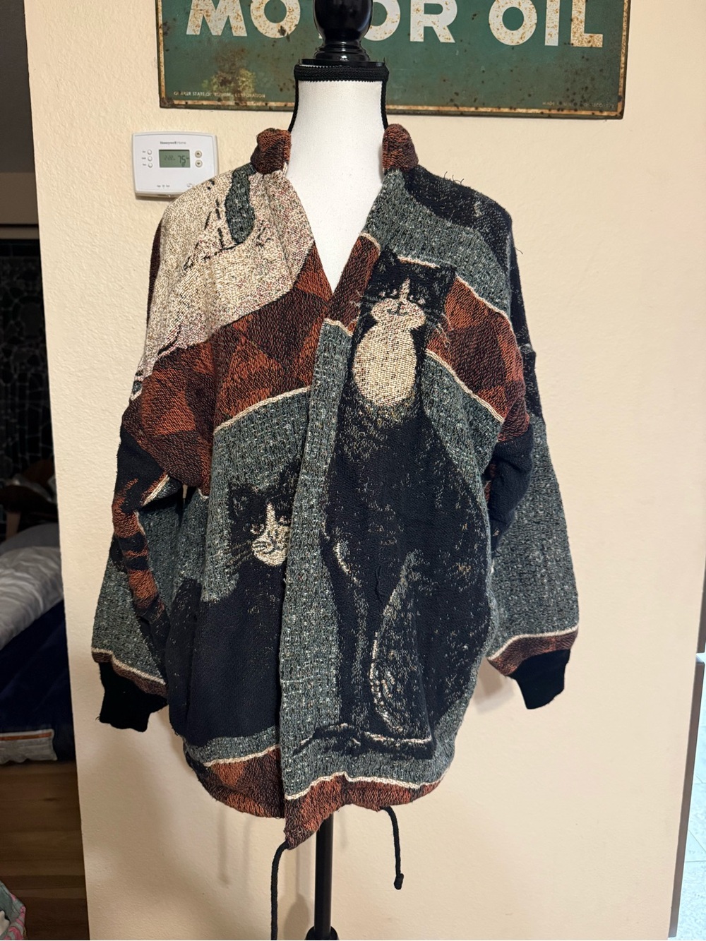 Vintage Ann Maurice Large Cat Print Open Front Knit Cardigan Sweater Art-to-Wear